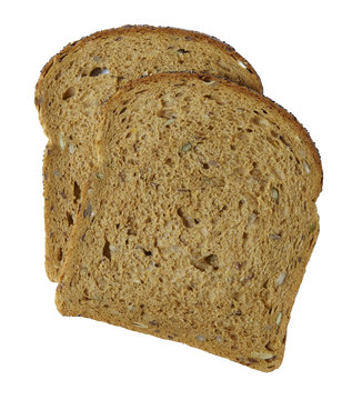 Aerial view of two slices of brown wholegrain bread isolated on a white background