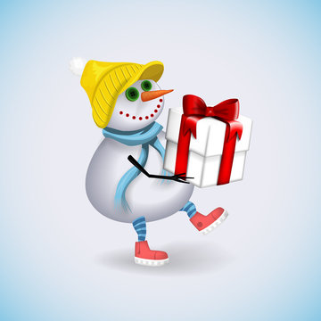 Snowman carries a gift for Christmas. Winter fun. Vector illustration.