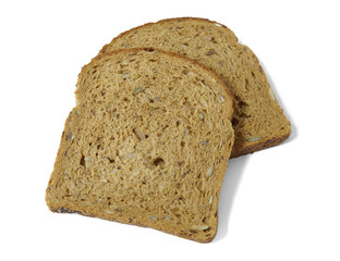 Two slices of brown wholegrain bread isolated on a white background