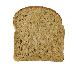 A slice of brown wholemeal bread isolated on a white background