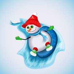 Snowman rides on an inflatable balloon on the ice chute. Winter fun. Vector illustration.