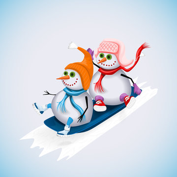 Couple of funny snowmen riding down a hill on a sled. Winter fun. Vector illustration.