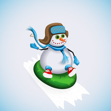 Snowman on an inflatable balloon rides down the hill. Winter fun. Vector illustration.