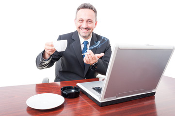 Business man smoking and smiling at office