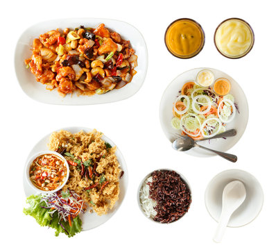 Top view: set of thai food, salad, mayonnaise, Fried chicken wit