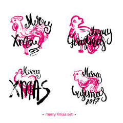 Modern hand drawn Merry Christmas 2017 lettering set with sketch rooster. Can be used for print design, fashion, banners and t-shirts.
