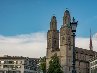 Fototapeta na wymiar Church with two towers in downtown Zurich