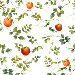 Watercolor illustration of leaf and apple, seamless pattern on white background