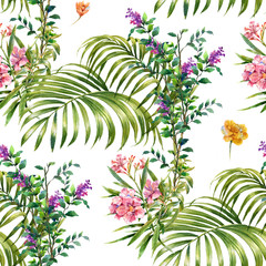 Watercolor painting of leaf and flowers, seamless pattern on white background