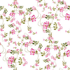 Watercolor painting of leaf and flowers, seamless pattern on white background