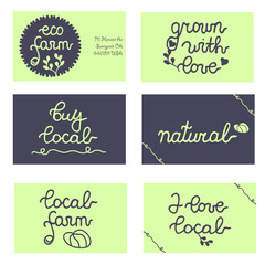 Cards, badges for local business, local produce, eco farm, food store. Grown with love, natural, buy local. Vector set.