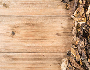 Dried mushrooms on a wooden table
