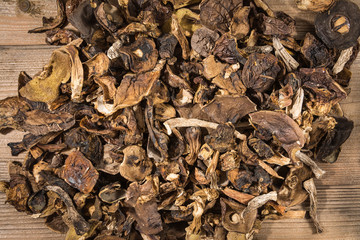 Dried mushrooms on a wooden table