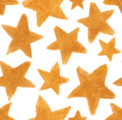 Seamless pattern with big golden stars painted in acrylics on white isolated background