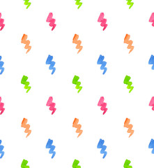 Seamless pattern with colorful bolts of lightning painted in watercolor on white isolated background