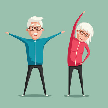Senior people and gymnastics. Cartoon vector illustration