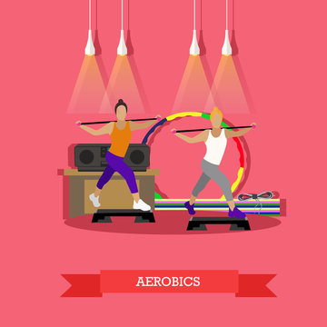 Girl Aerobics In Fitness Studio. Flat Design