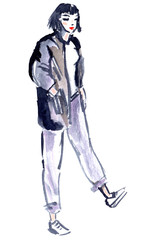 Fashion sketch on teen girl wearing casual boyfriend jeans and jacket painted in watercolor on clean white background
