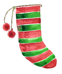 Big striped red and green Christmas stocking with two small pom poms painted in watercolor on clean white background