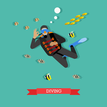 Scuba diver under water with fishes, flat design