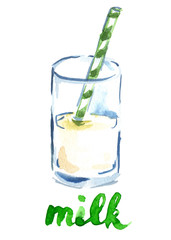 Half full glass of milk with green and white drinking straw and hand written word 