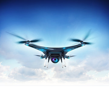 modern camera drone in flight with blue sky background