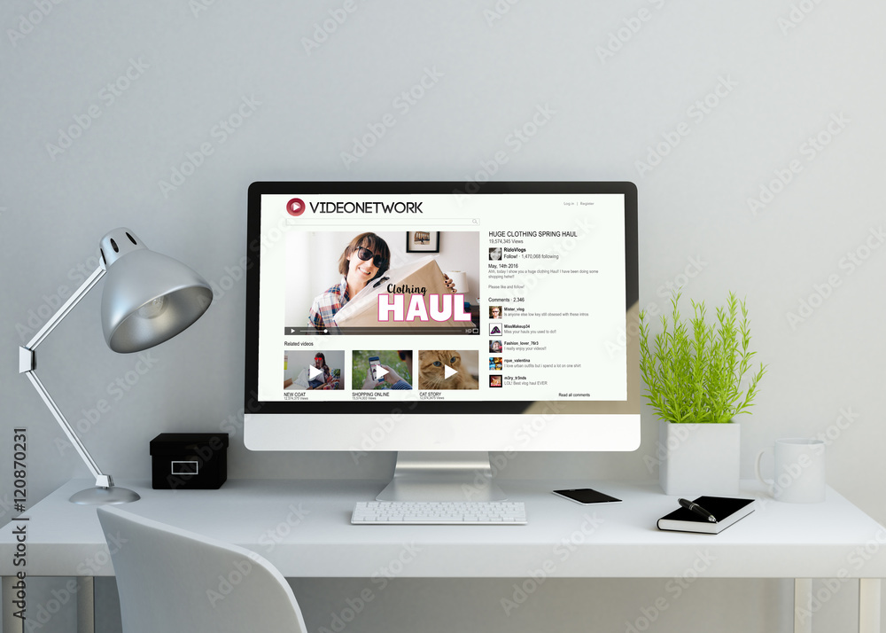 Poster modern clean workspace with vlog website on screen