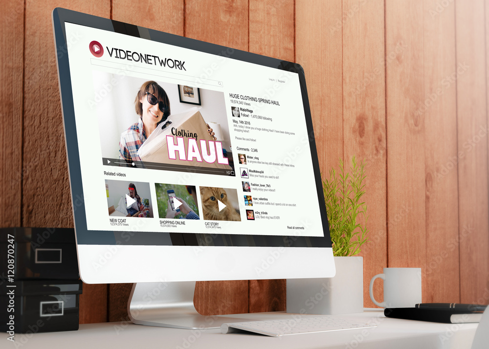 Poster modern workspace with computer vlog