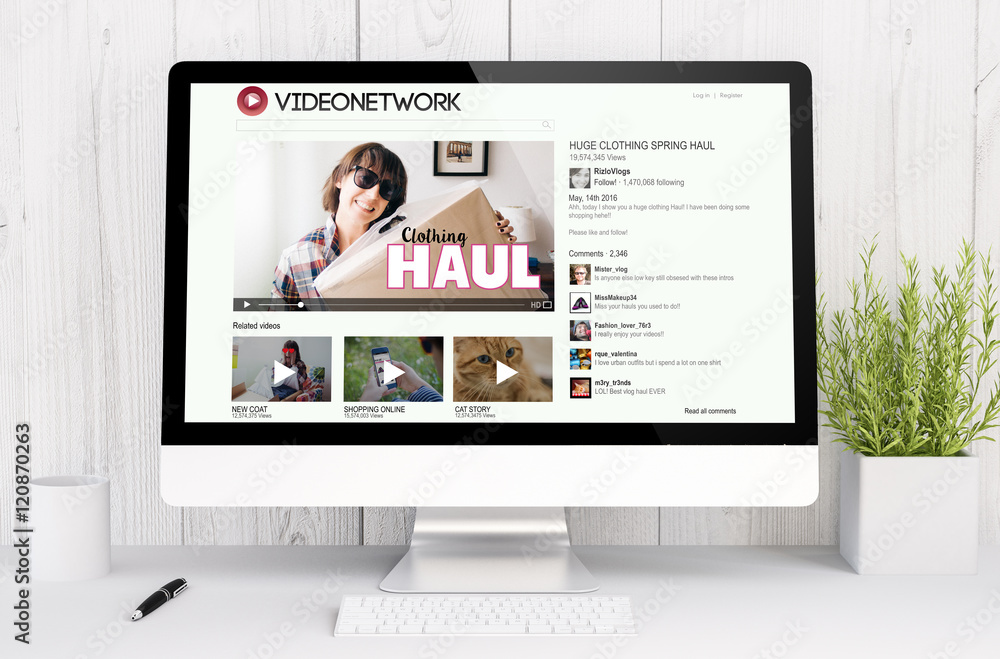 Poster white workspace with computer vlog