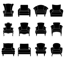 Set of silhouettes of armchairs isolated on white background. Vector illustration. Different chairs icons.