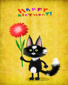 Birthday Card Black Kitten Holding Flower