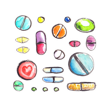 Collection of colorful pills painted in watercolor on clean white background