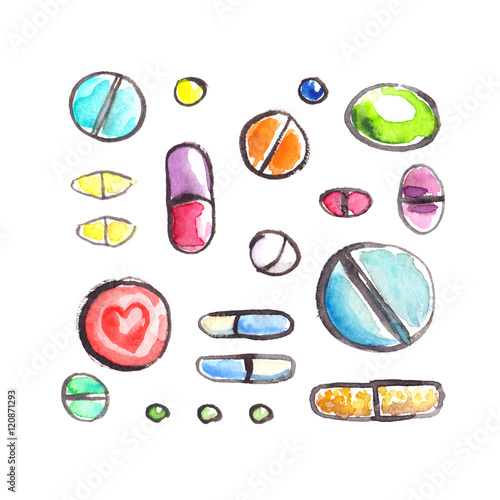 "Collection of colorful pills painted in watercolor on clean white