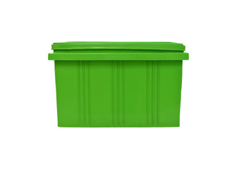Green plastic box packaging of finished goods product on white background with clipping paths.