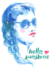 Portrait of a girl in sunglasses with hand written sign "hello sunshine" and small pink heart painted in watercolor on clean white background