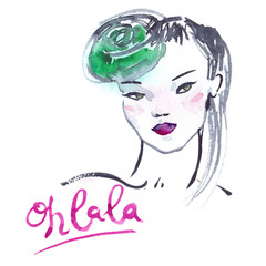 Portrait of French girl in bright green hat with hand written sign "Oh la la" painted in watercolor on clean white background