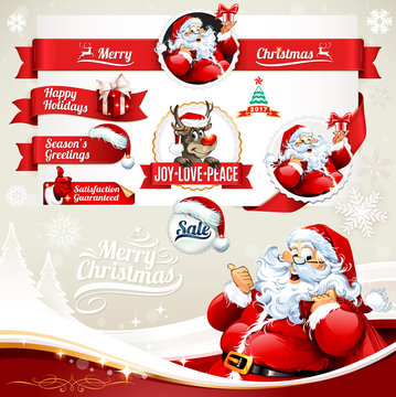 Vector set of vintage Christmas labels, badges and banners with cartoon Santa Claus character, present, tree, hat and reindeer retro illustrations. Calligraphic and typographic design elements.