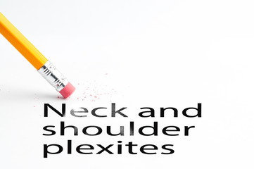 Closeup of pencil eraser and black Neck and shoulder plexites text. Neck and shoulder plexites. Pencil with eraser.