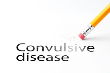 Closeup of pencil eraser and black Convulsive disease text. Convulsive disease. Pencil with eraser.