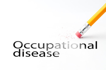Closeup of pencil eraser and black occupational disease text. Occupational disease. Pencil with eraser.
