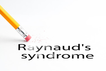 Closeup of pencil eraser and black raynaud's syndrome text. Raynaud's syndrome. Pencil with eraser.