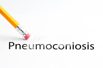 Closeup of pencil eraser and black pneumoconiosis text. Pneumoconiosis. Pencil with eraser.