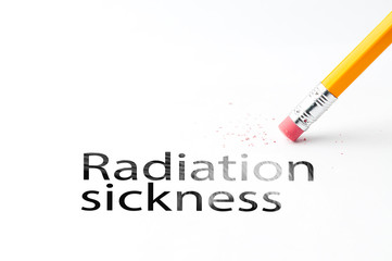 Closeup of pencil eraser and black radiation sickness text. Radiation sickness. Pencil with eraser.