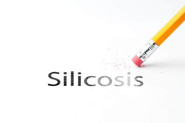 Closeup of pencil eraser and black silicosis text. Silicosis. Pencil with eraser.