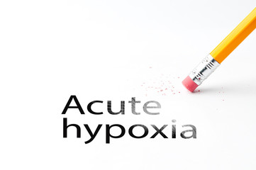 Closeup of pencil eraser and black Acute hypoxia text. Acute hypoxia. Pencil with eraser.