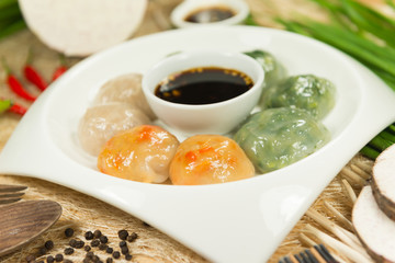 Steamed Dumpling stuffed with Garlic Chives and Taro and bamboo