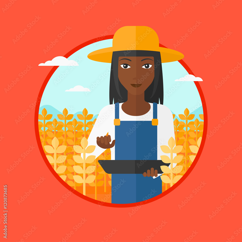Poster farmer with tablet computer on field.