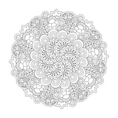 Round element for coloring book. Black and white floral pattern. Vector illustration.