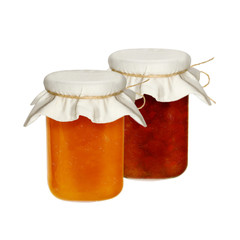 Jars of jam isolated on a white background. from fruits and berries.Strawberries  apricots,peaches