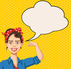 Retro strong woman talking with speech bubbles. Vintage design. 
